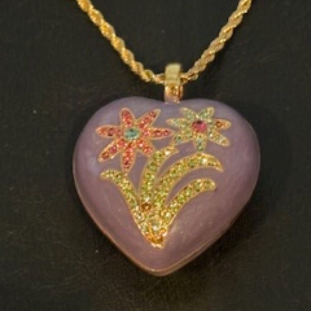Joan Rivers Swarovski crystals-Purple enamel puffy heart pendant & chain